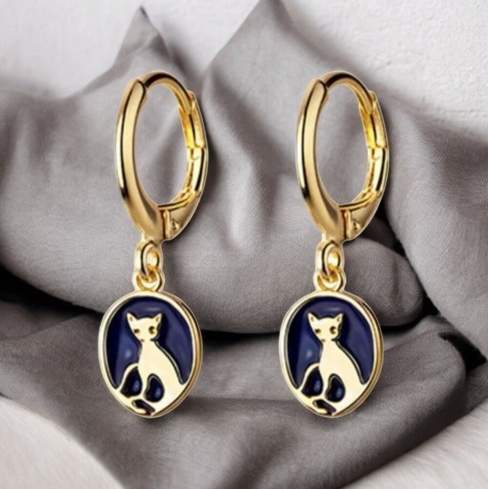 NEW 18K yellow gold plated cat huggie drop hoop earrings jewelry B19A